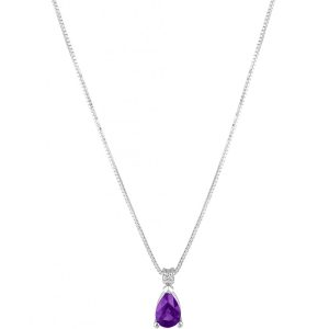 Stunning 18k white gold necklace showcasing a pear-shaped amethyst gemstone and a small natural diamond, radiating luxurious charm and elegance.