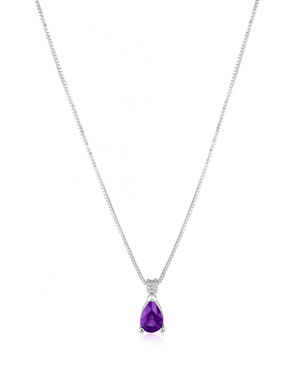 Stunning 18k white gold necklace showcasing a pear-shaped amethyst gemstone and a small natural diamond, radiating luxurious charm and elegance.