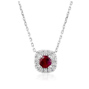 Close-up of an exquisite 18k white gold halo necklace featuring a mesmerizing round natural ruby surrounded by shimmering diamonds, radiating elegance and glamour.