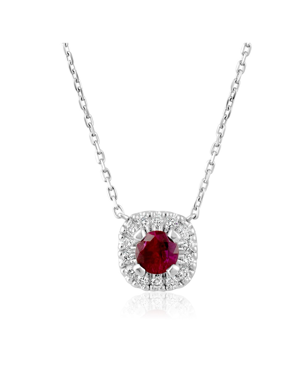 Close-up of an exquisite 18k white gold halo necklace featuring a mesmerizing round natural ruby surrounded by shimmering diamonds, radiating elegance and glamour.