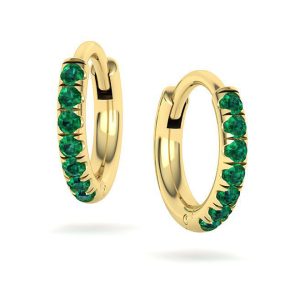 Yellow Gold 8mm Pave Round emerald Hoop Earrings