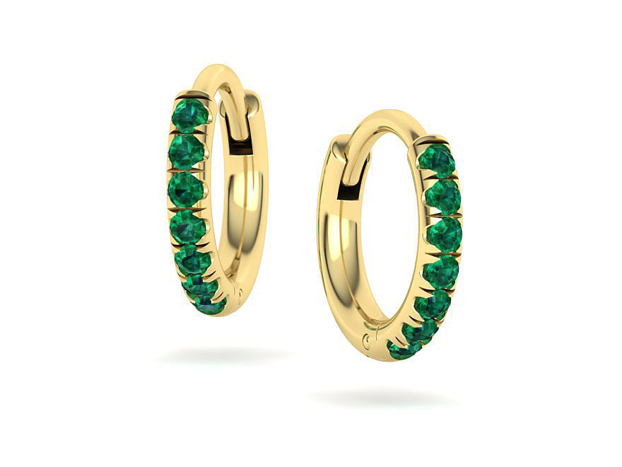 Yellow Gold 8mm Pave Round emerald Hoop Earrings