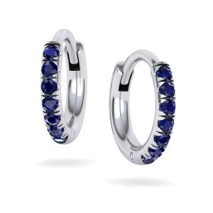 White Gold 8mm Pave Round Blue sapphire Hoop Earrings