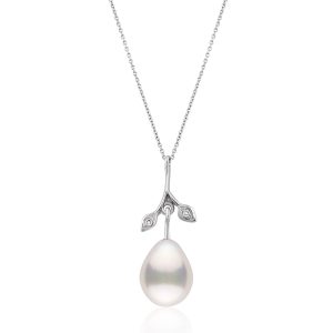 18k White Gold Olive Branch Pearl Necklace with Natural Diamonds