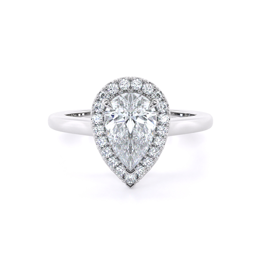 The Leda ring's pear diamond in white gold is gracefully encircled by a halo, exuding elegance