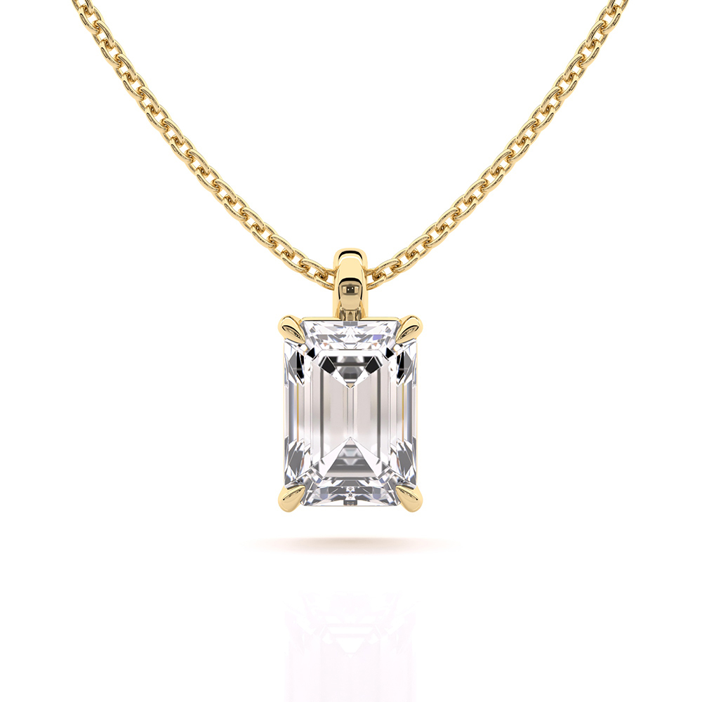 Luxurious 1ct emerald-cut diamond pendant with secure hoop, crafted in 18k yellow gold front view