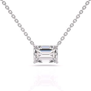 Sophisticated 4 prong emerald diamond solitaire pendant necklace in 18k white gold front view