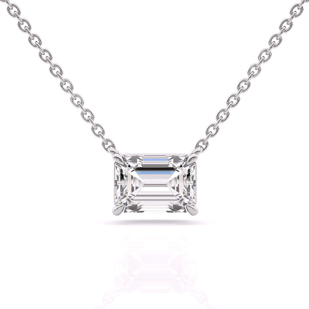 Sophisticated 4 prong emerald diamond solitaire pendant necklace in 18k white gold front view