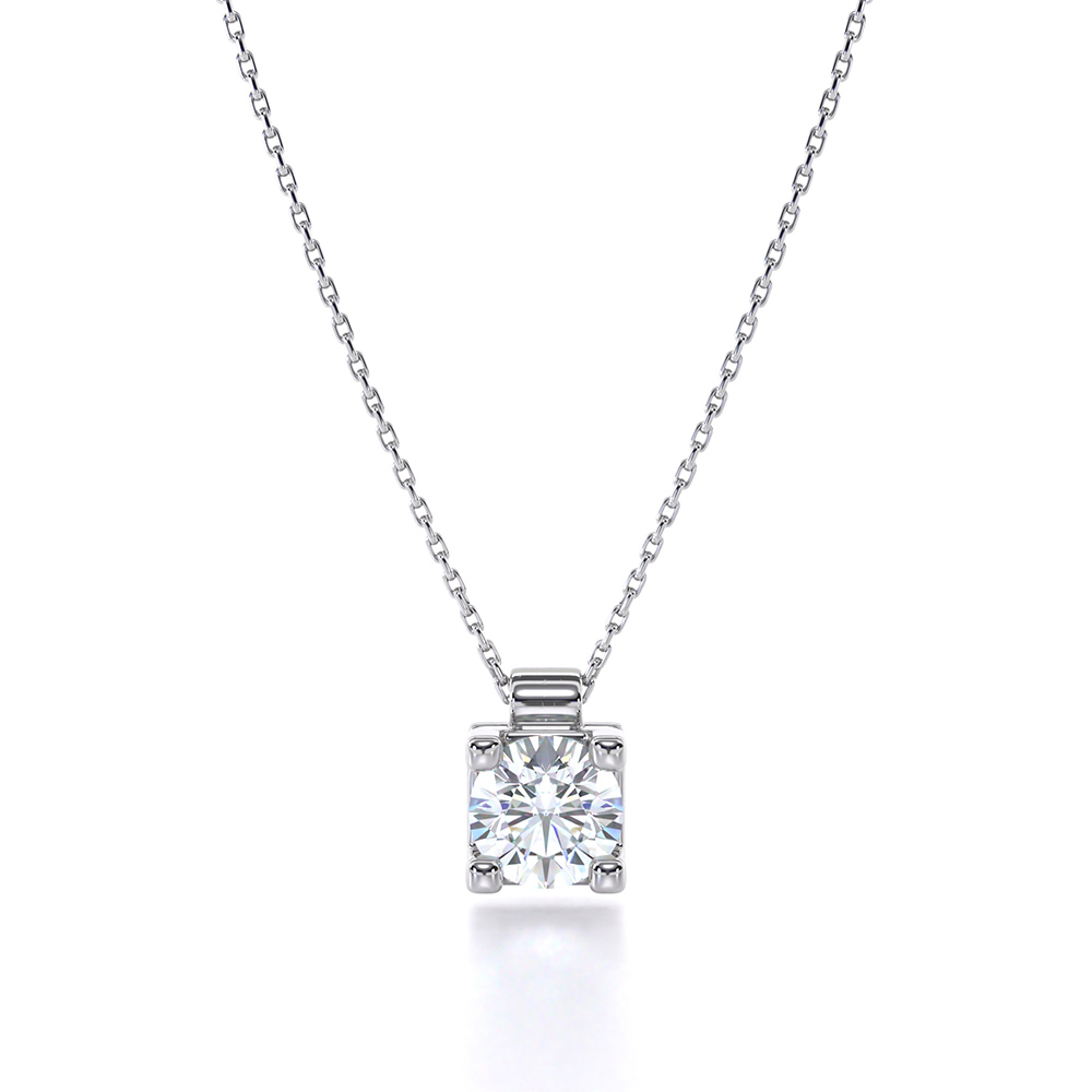 Refined 1 carat round diamond showcased in a square pendant, elegantly designed in 18k white gold front view