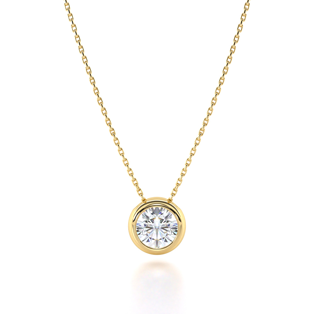 An opulent 1 carat round diamond pendant, combining the timeless elegance of a round setting with the traditional charm of 18k yellow gold front view