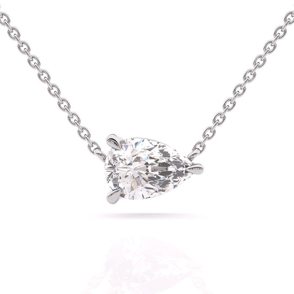 Delicate 3 prong pear diamond solitaire pendant necklace in 18k white gold front view