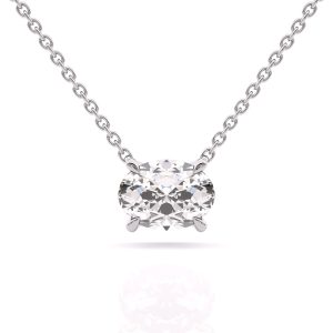 Elegant 4 prong oval diamond solitaire pendant necklace in 18k white gold front view