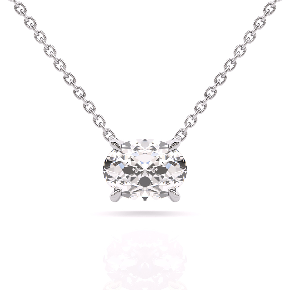 Elegant 4 prong oval diamond solitaire pendant necklace in 18k white gold front view